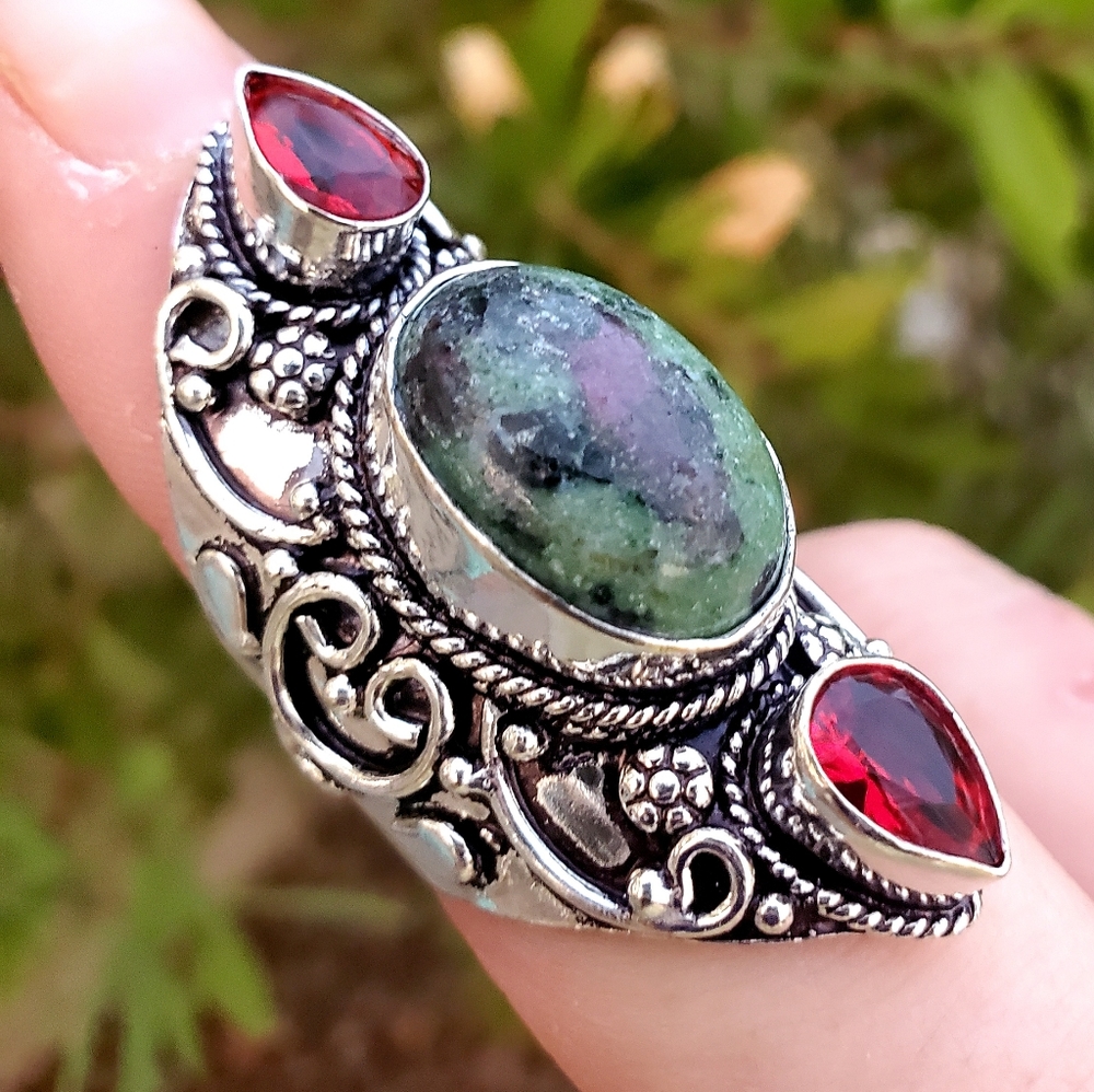 New Huge Ruby Zoisite and Garnet 925 Silver Statement Ring.